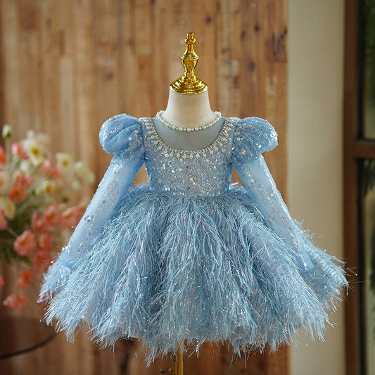 Blue Sequin Princess Dress with Beads & Fringe for Girls | Special Occasion & Party Wear