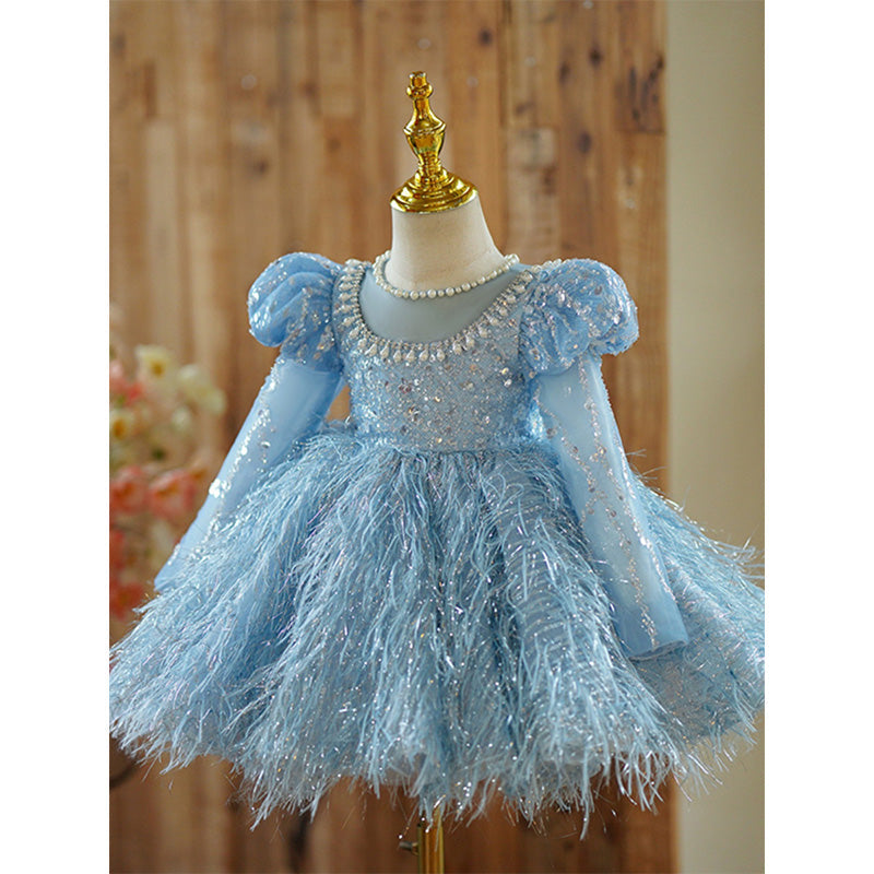 Blue Sequin Princess Dress with Beads & Fringe for Girls | Special Occasion & Party Wear