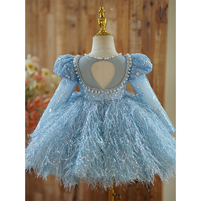 Blue Sequin Princess Dress with Beads & Fringe for Girls | Special Occasion & Party Wear