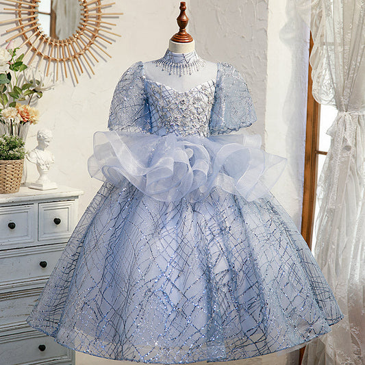 Blue Sequin Princess Flower Girl Dress Ruffles Mock Neck