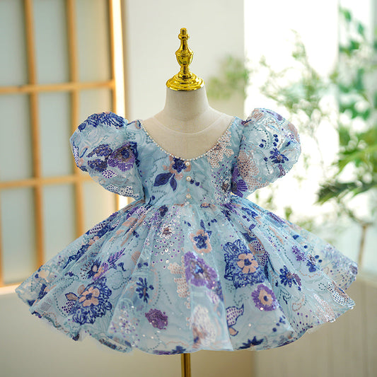 Blue Sequin Princess Flower Girl Dress with Beaded Puff Sleeves
