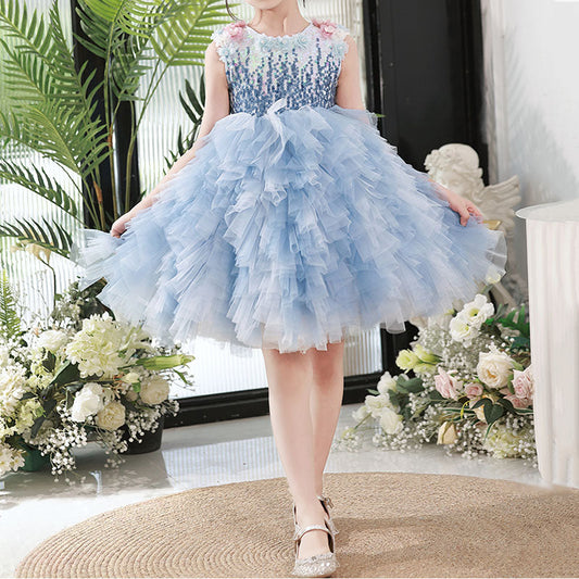 Blue Sequin Tiered Flower Girl Dress – Princess Puffy Birthday & Party Gown