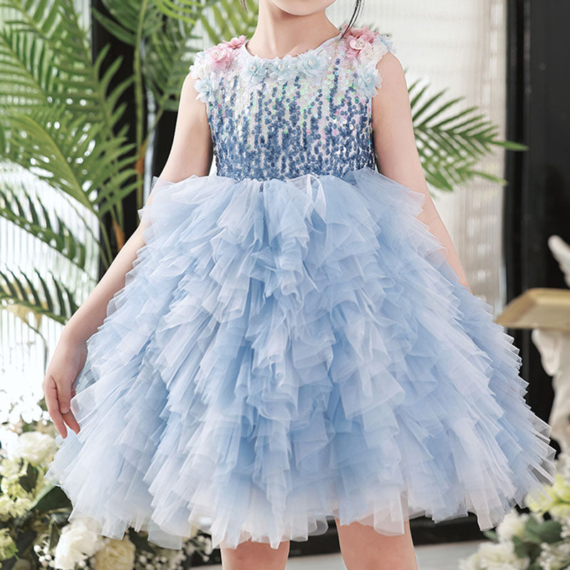 Blue Sequin Tiered Flower Girl Dress – Princess Puffy Birthday & Party Gown