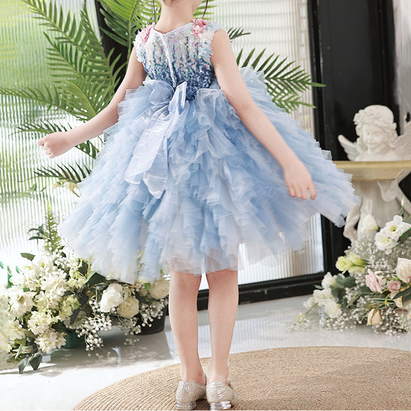Blue Sequin Tiered Flower Girl Dress – Princess Puffy Birthday & Party Gown