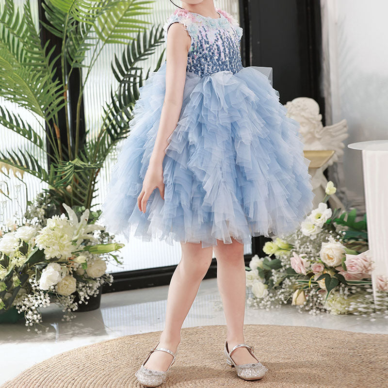 Blue Sequin Tiered Flower Girl Dress – Princess Puffy Birthday & Party Gown