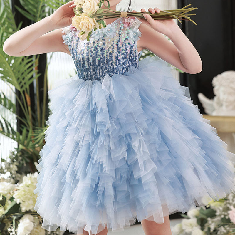 Blue Sequin Tiered Flower Girl Dress – Princess Puffy Birthday & Party Gown