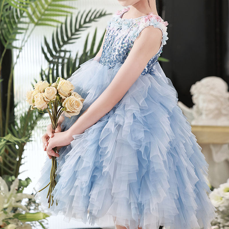 Blue Sequin Tiered Flower Girl Dress – Princess Puffy Birthday & Party Gown