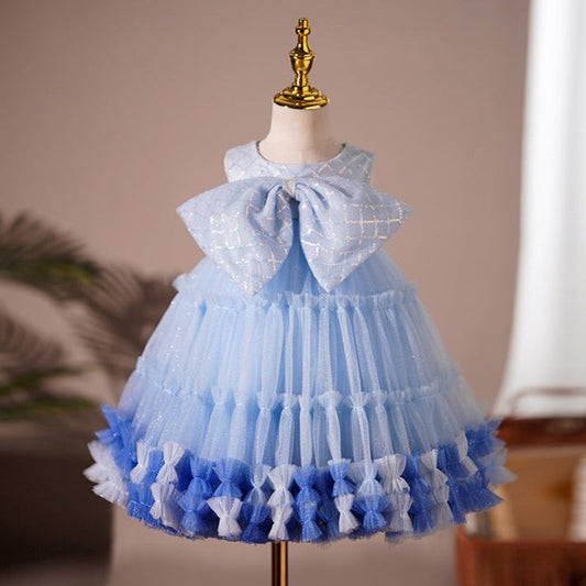 Blue Sequin Tulle Flower Girl Dress | Bow & Pleats