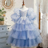 Blue Sequin Tulle Princess Flower Girl Dress Lace Long Sleeve