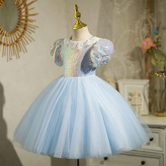 Blue Sequin Tulle Princess Flower Girl Dress Lace Puff Tea