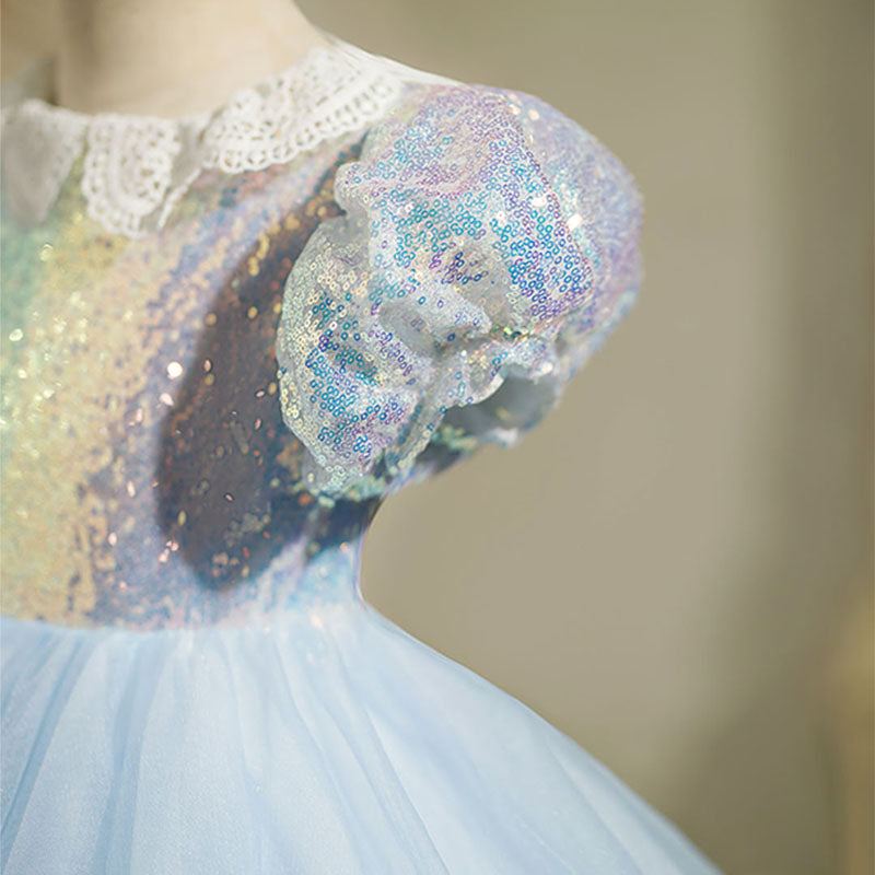 Blue Sequin Tulle Princess Flower Girl Dress Lace Puff Tea