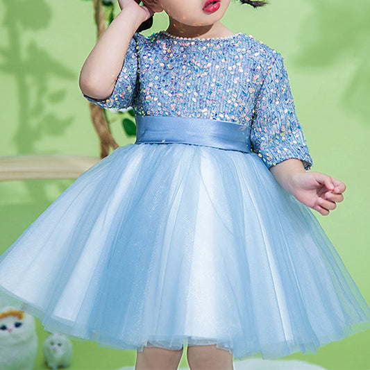 Blue Sequin Tulle Princess Flower Girl Dress Short Sleeve Knee