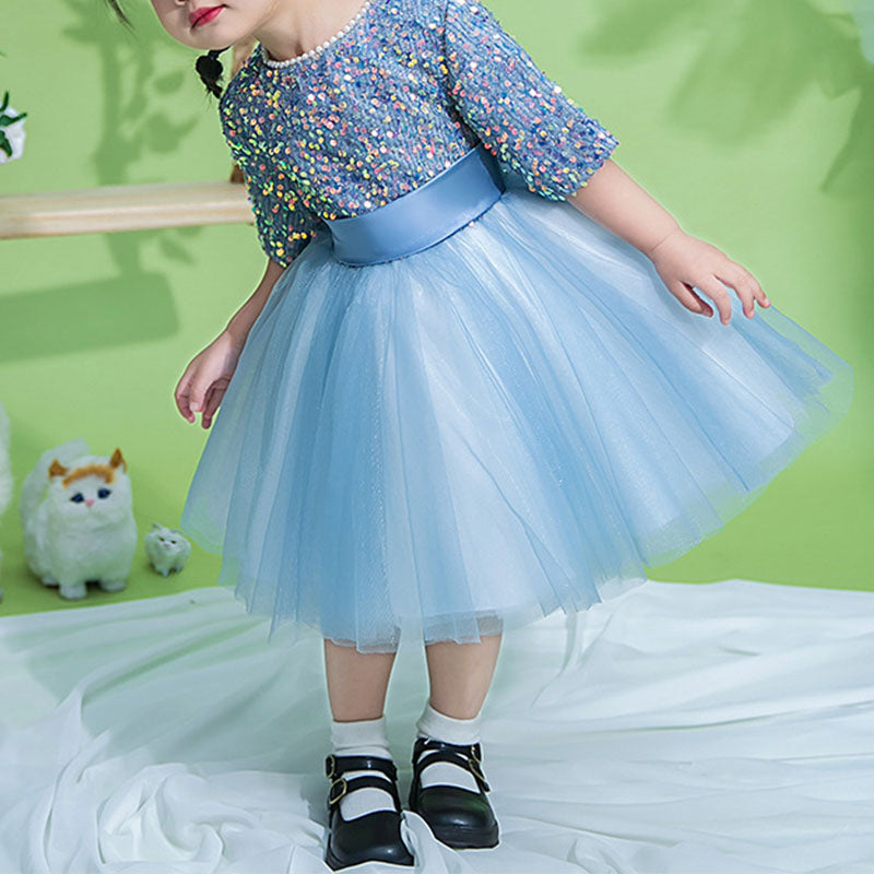 Blue Sequin Tulle Princess Flower Girl Dress Short Sleeve Knee
