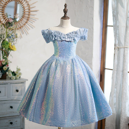 Blue Sequined A-Line Princess Dress for Girls | Tea Length Off-Shoulder Party Dress