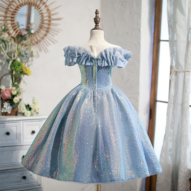 Blue Sequined A-Line Princess Dress for Girls | Tea Length Off-Shoulder Party Dress