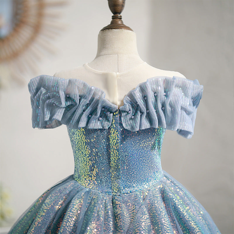 Blue Sequined A-Line Princess Dress for Girls | Tea Length Off-Shoulder Party Dress