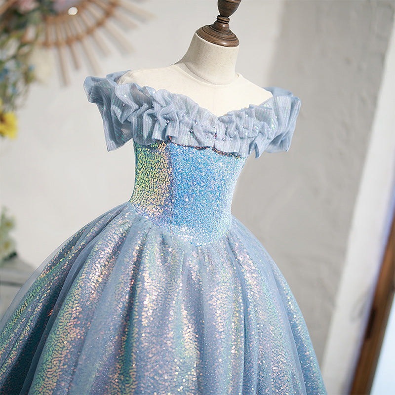 Blue Sequined A-Line Princess Dress for Girls | Tea Length Off-Shoulder Party Dress