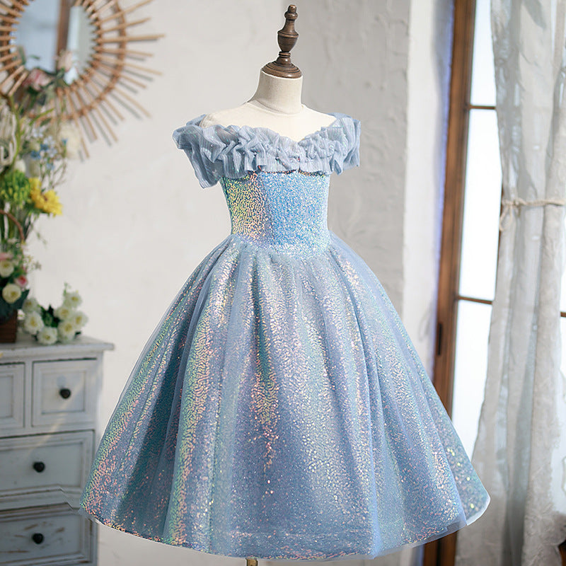 Blue Sequined A-Line Princess Dress for Girls | Tea Length Off-Shoulder Party Dress