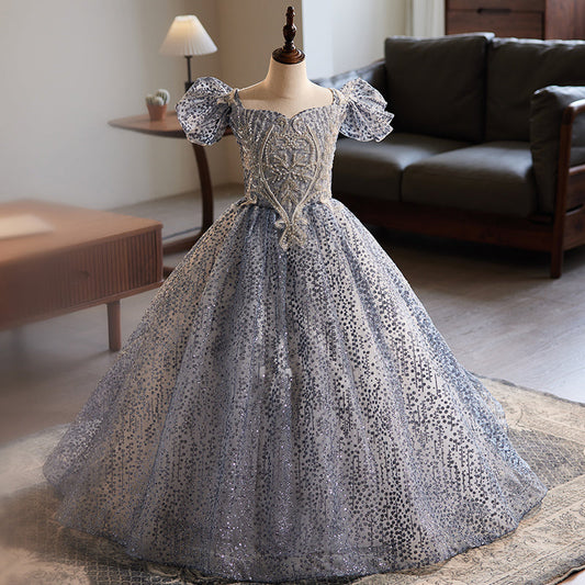 Blue Sequined Princess Dress for Girls | Floor Length Sweetheart Gown for Special Occasions