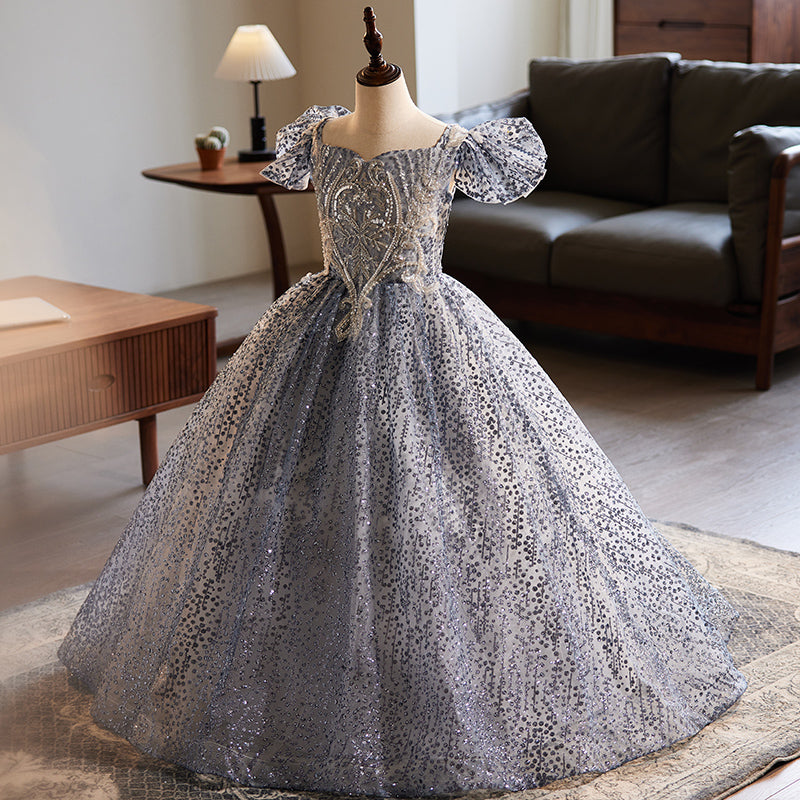 Blue Sequined Princess Dress for Girls | Floor Length Sweetheart Gown for Special Occasions