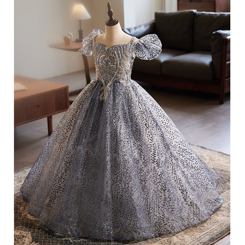 Blue Sequined Princess Dress for Girls | Floor Length Sweetheart Gown for Special Occasions