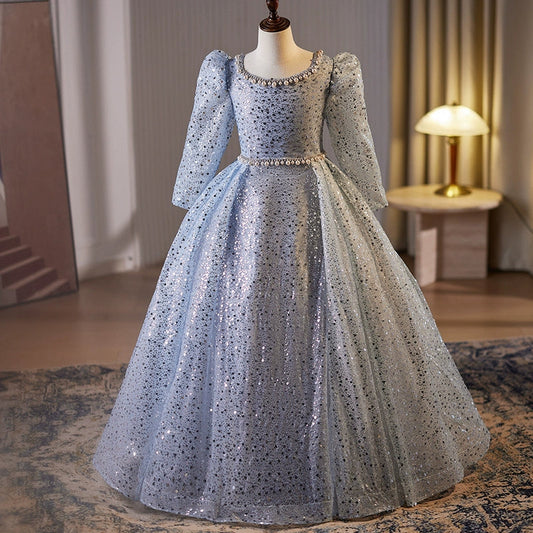 Blue Long Sleeve Sequined Princess Dress for Girls – Floor Length Special Occasion Gown