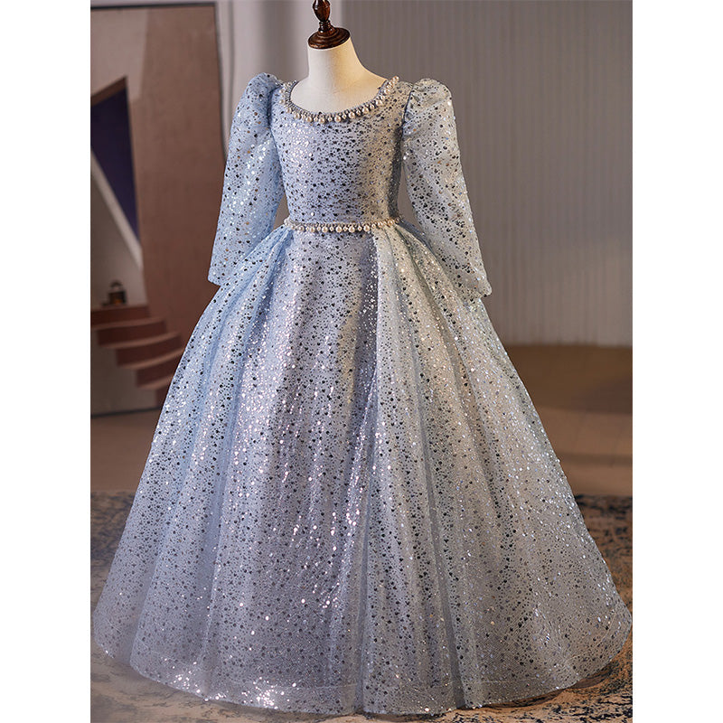 Blue Long Sleeve Sequined Princess Dress for Girls – Floor Length Special Occasion Gown