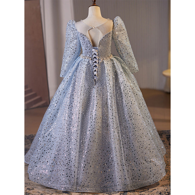 Blue Long Sleeve Sequined Princess Dress for Girls – Floor Length Special Occasion Gown