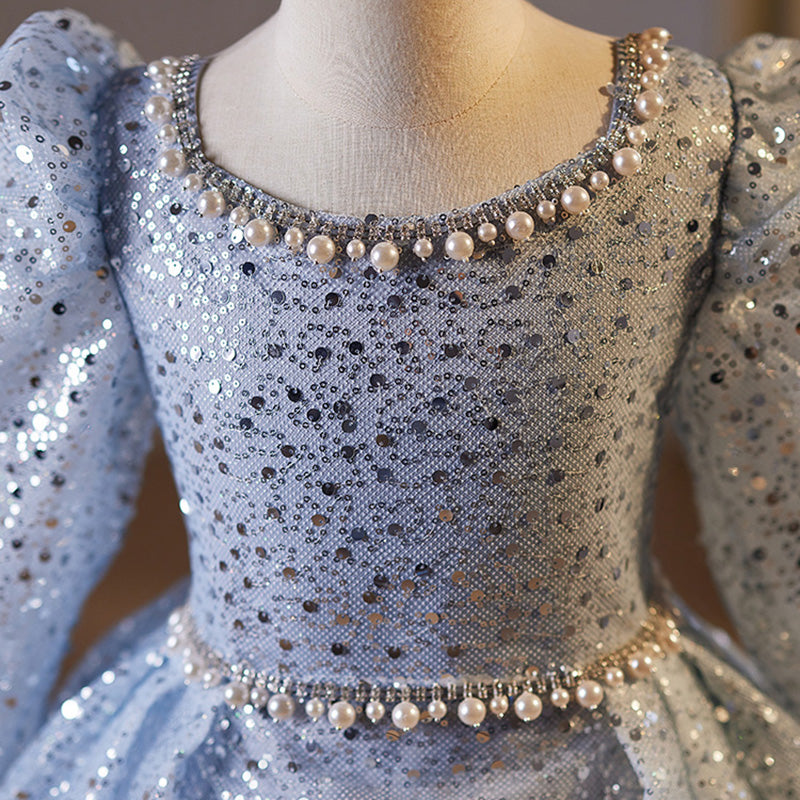 Blue Long Sleeve Sequined Princess Dress for Girls – Floor Length Special Occasion Gown