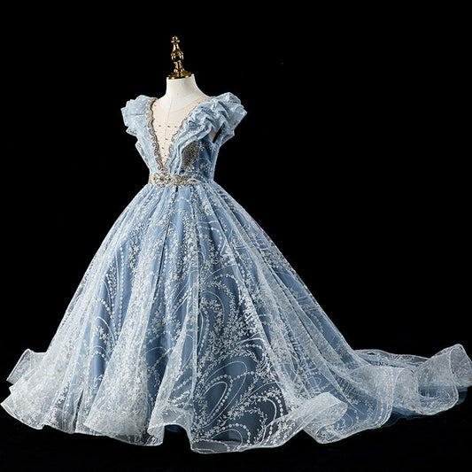 Blue A-Line Sequined Princess Dress with Tiered Skirt for Girls | Special Occasion Kids Gown