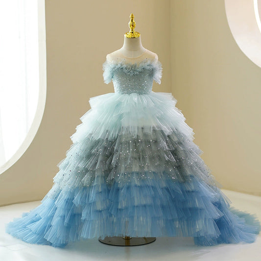 Blue Puffy Sequined Tulle Ball Gown Dress for Girls | Floor Length Special Occasion Dress
