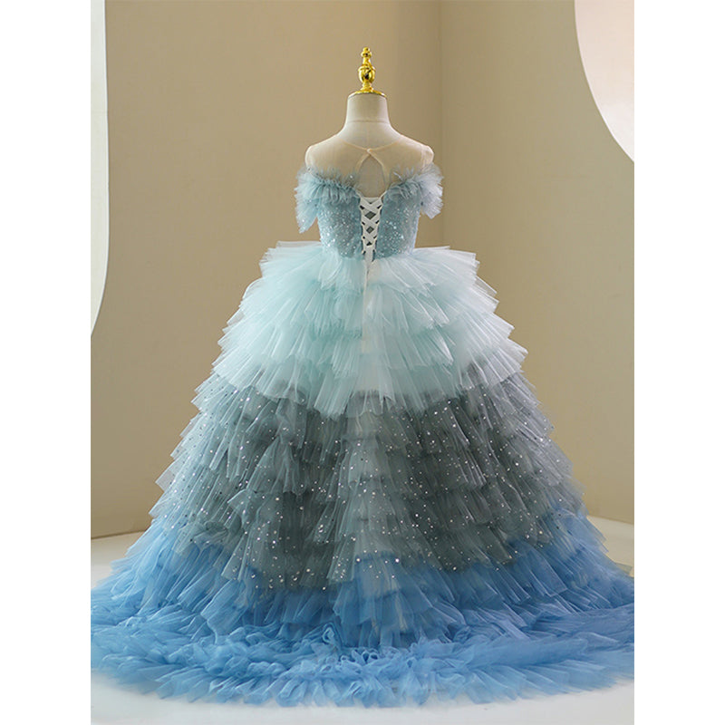 Blue Puffy Sequined Tulle Ball Gown Dress for Girls | Floor Length Special Occasion Dress