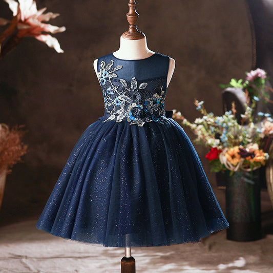Blue Sleeveless A-Line Lace Flower Girl Dress
