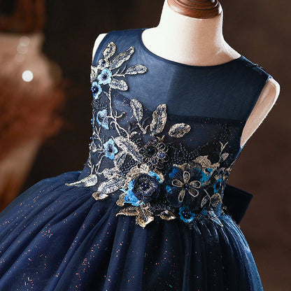 Blue Sleeveless A-Line Lace Flower Girl Dress