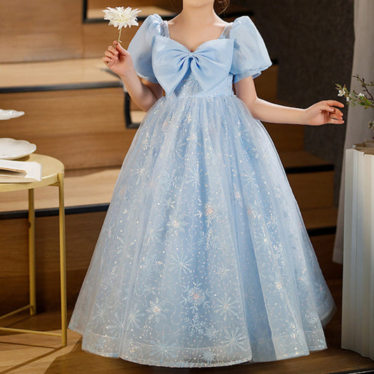 Blue Princess Dress for Girls – Sequined Tulle Snowflake Gown with Bow