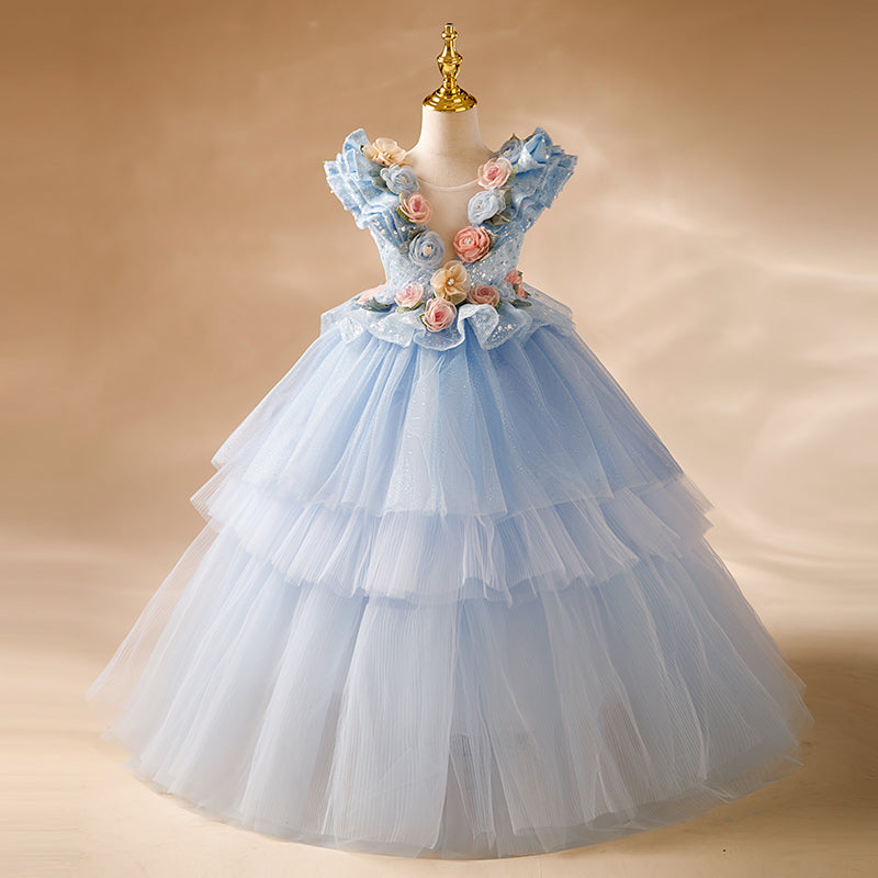 Blue Tulle A-Line Flower Girl Dress - Floral, Sequins, V-Neck
