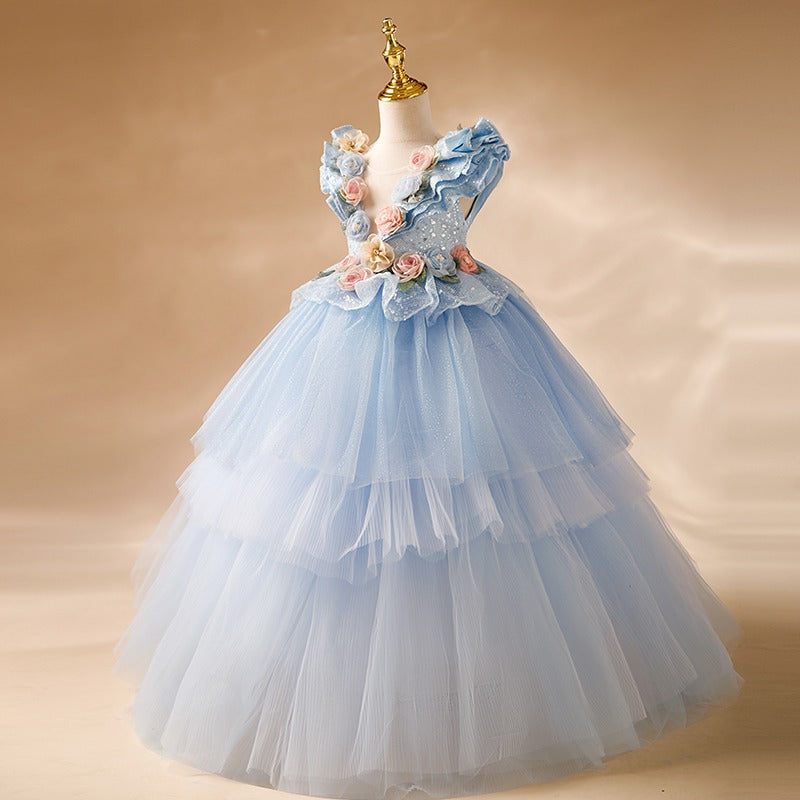Blue Tulle A-Line Flower Girl Dress - Floral, Sequins, V-Neck