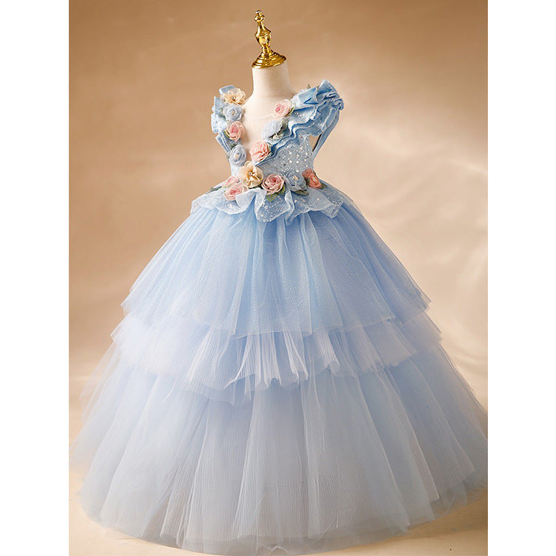 Blue Tulle A-Line Flower Girl Dress - Floral, Sequins, V-Neck