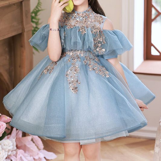 Blue Tulle Sleeveless Ball Gown Dress for Girls – Sequined Tiered Princess Party Dress