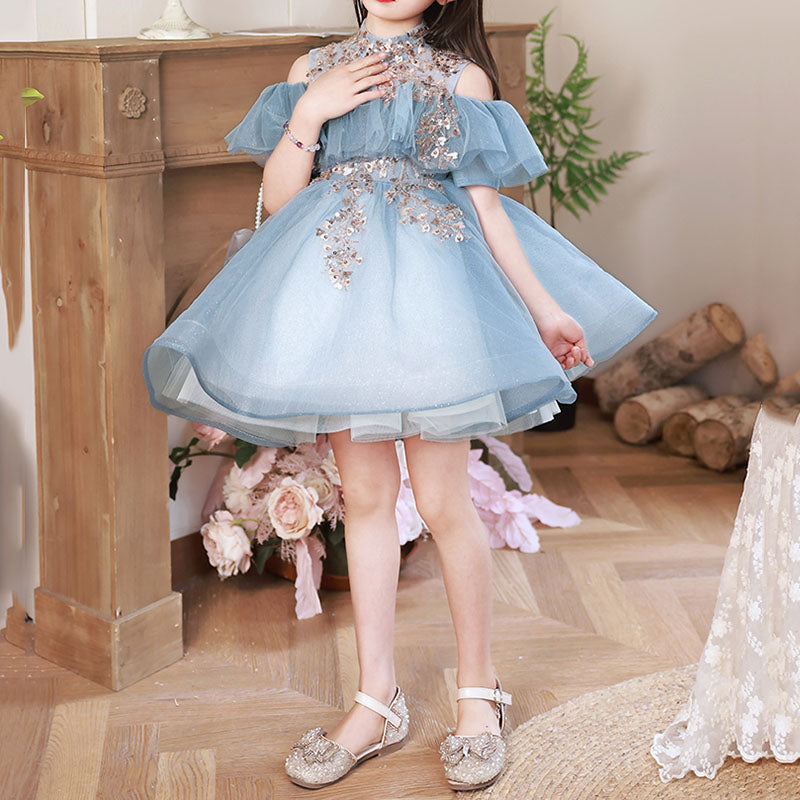 Blue Tulle Sleeveless Ball Gown Dress for Girls – Sequined Tiered Princess Party Dress