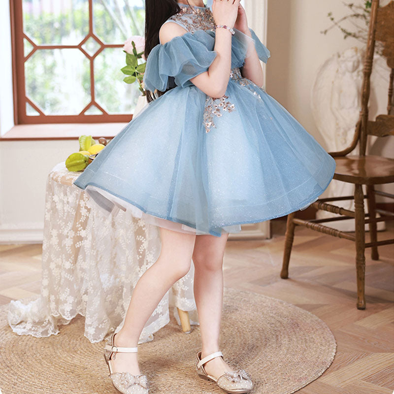 Blue Tulle Sleeveless Ball Gown Dress for Girls – Sequined Tiered Princess Party Dress