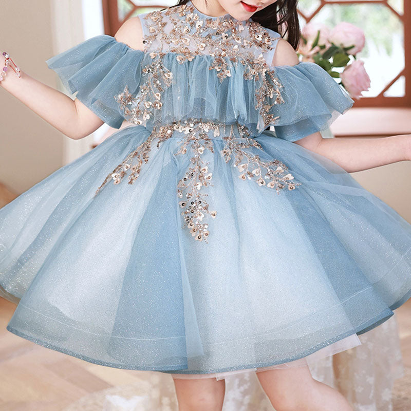 Blue Tulle Sleeveless Ball Gown Dress for Girls – Sequined Tiered Princess Party Dress