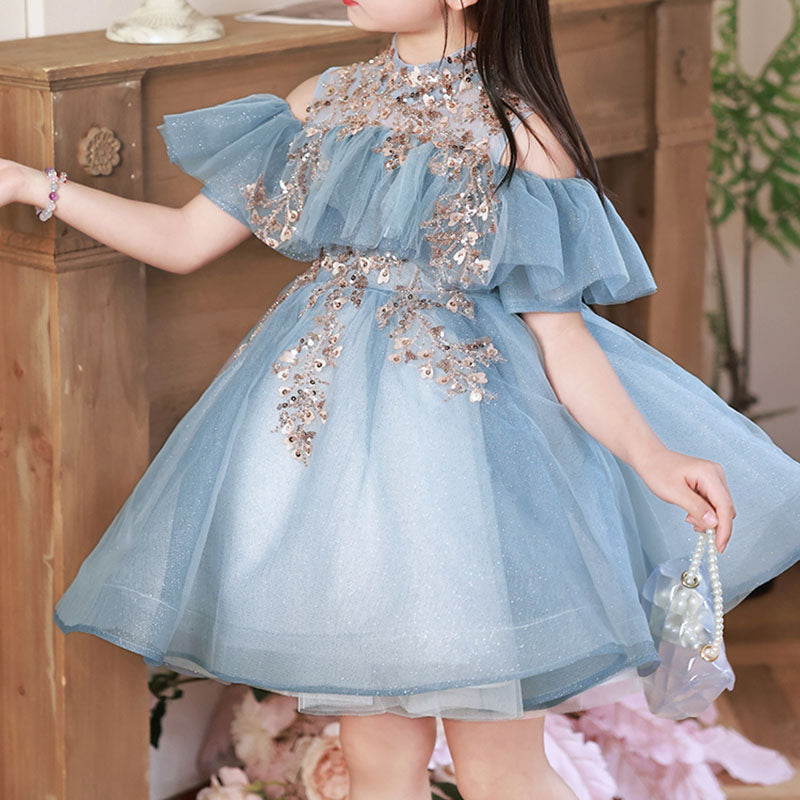 Blue Tulle Sleeveless Ball Gown Dress for Girls – Sequined Tiered Princess Party Dress
