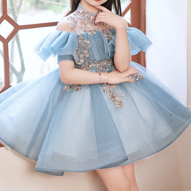 Blue Tulle Sleeveless Ball Gown Dress for Girls – Sequined Tiered Princess Party Dress