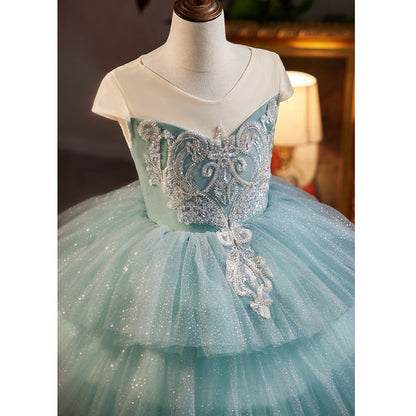 Blue Tulle Princess Flower Girl Dress with Lace & Sequins