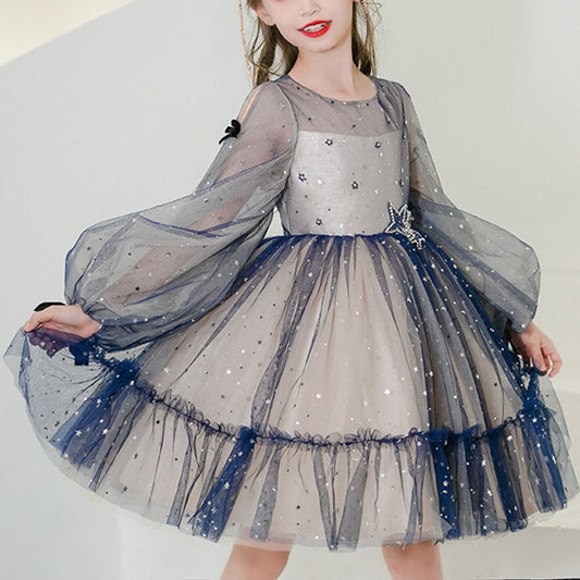 Blue Tulle Princess Knee-Length Flower Girl Dress with Sequins