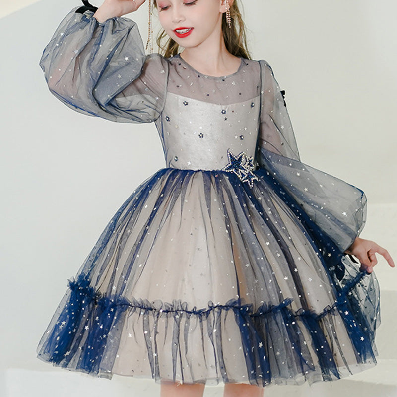 Blue Tulle Princess Knee-Length Flower Girl Dress with Sequins