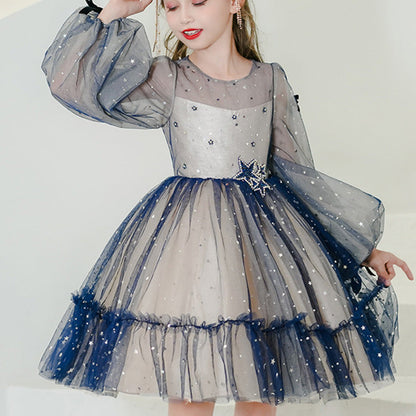 Blue Tulle Princess Knee-Length Flower Girl Dress with Sequins