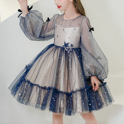 Blue Tulle Princess Knee-Length Flower Girl Dress with Sequins