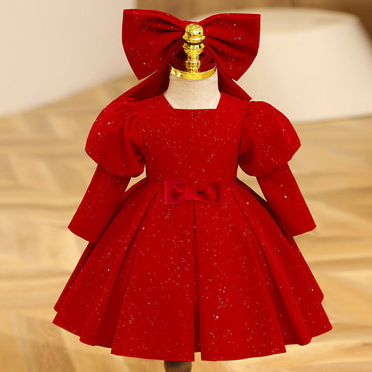 Burgundy A-Line Flower Girl Dress Square Neck Puff Sleeve